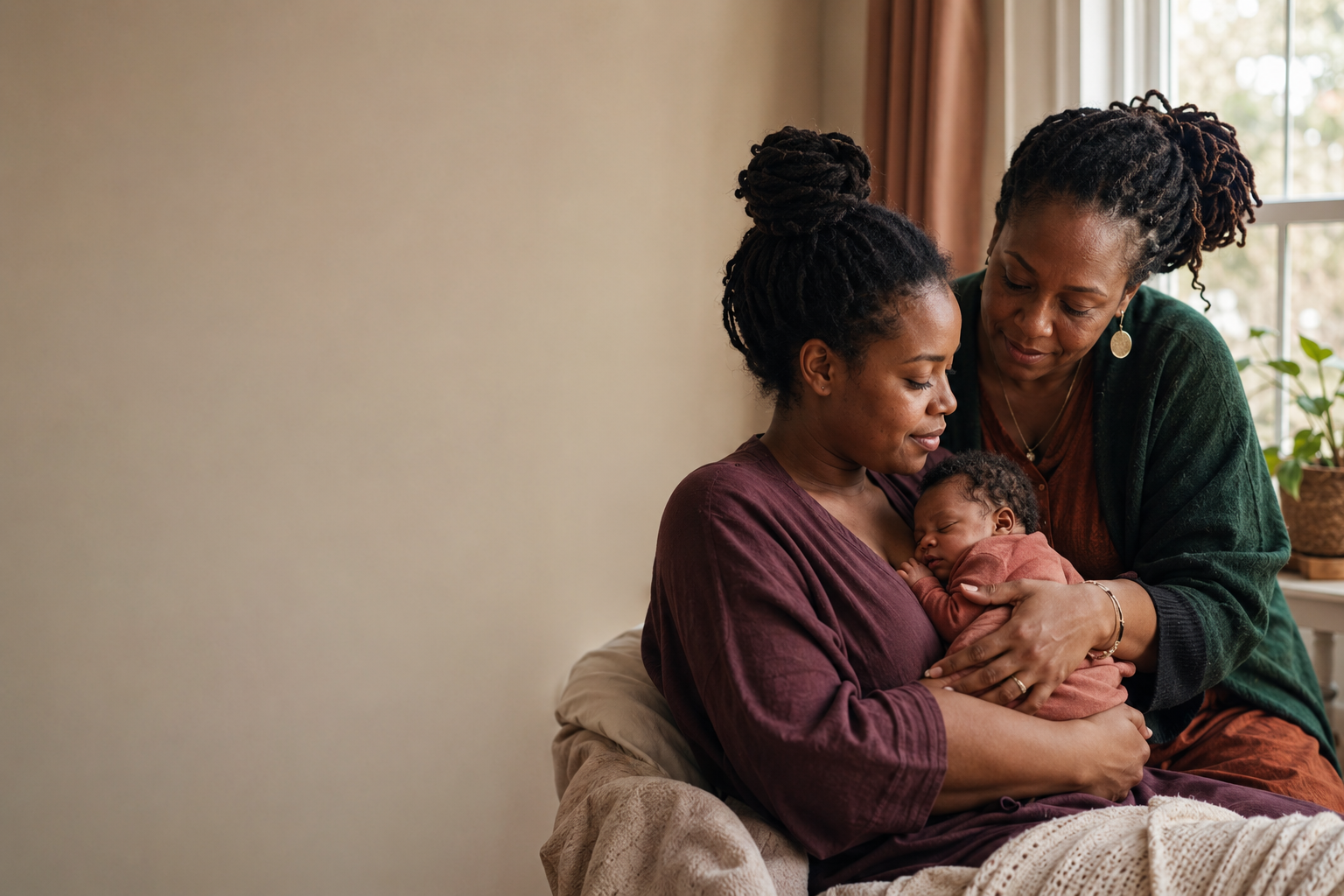 A Black mother and newborn receiving warm support from a community caregiver